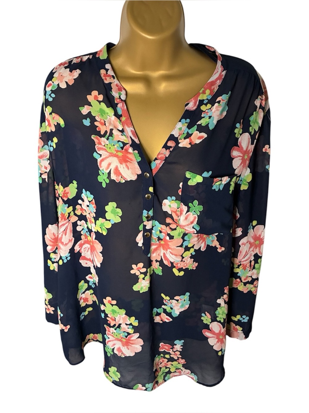 Charter Club Floral Button Front Blouse Long Sleeve V-Neck Dark Navy XL